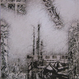 La construcción, Cimientos y Crecimiento, 2006. Collage de grabados y aguatinta, 70 x 50 cm