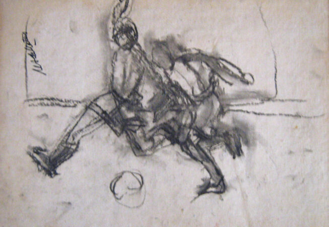 Jugando al fútbol, 1998. Carbonilla sobre cartón, 38 x 48 cm