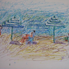 Playa con sombrilla, 1999. Marcador sobre papel, 23 x 30 cm