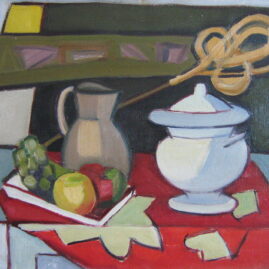 Naturaleza con mantel rojo, 1964. Óleo sobre lienzo, 40 x 50 cm