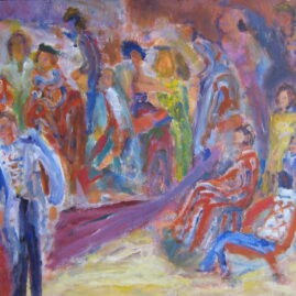 La fiesta de disfraces, 2001. Acrílico sobre tabla, 75 x 110 cm