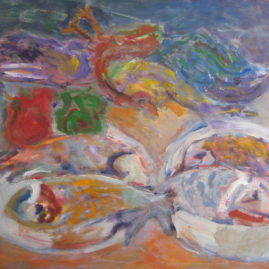 Naturaleza con pescados, 1992. Acrílico sobre lienzo, 70 x 100 cm