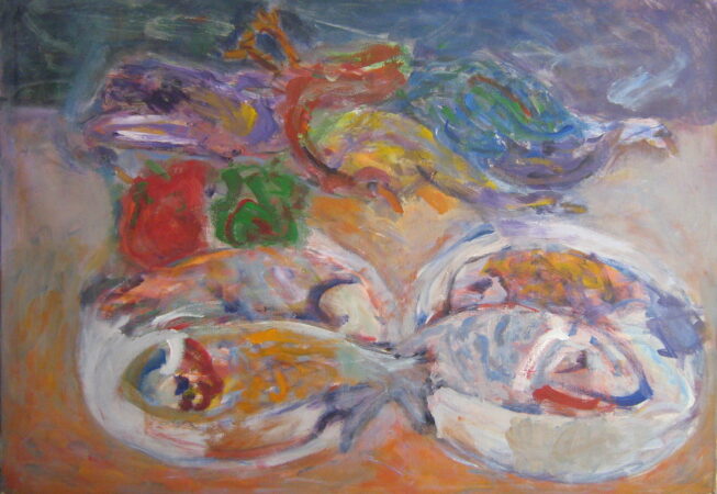 Naturaleza con pescados, 1992. Acrílico sobre lienzo, 70 x 100 cm