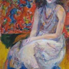 Mujer con fondo estampado, Óleo sobre lienzo, 100 x 70 cm
